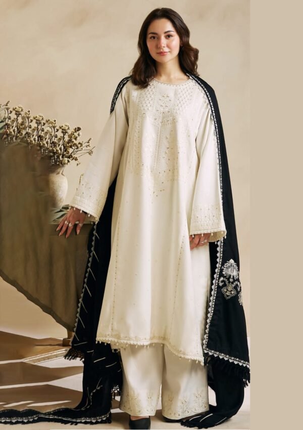 3pcs Women's White Unstitched Lawn Embroidered suit - Image 3